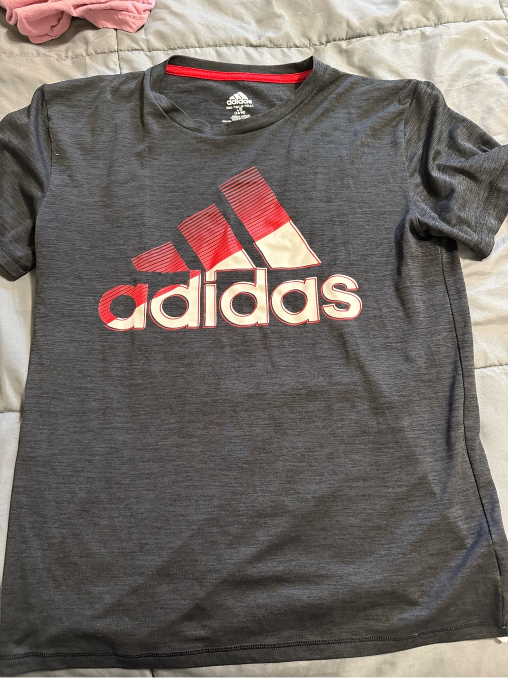 adidas Dark Gray Tee with Red and White Logo - Kids Short Sleeve